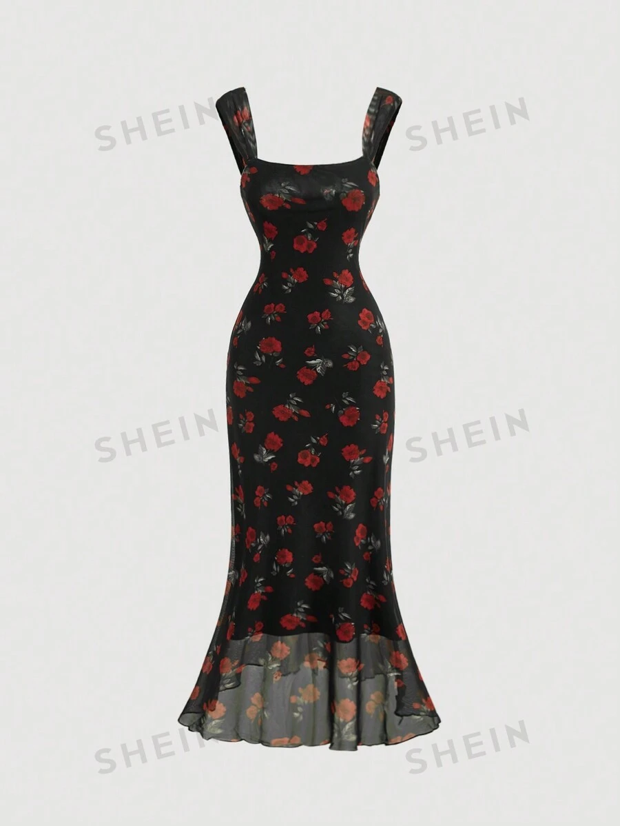 SHEIN MOD Vestido ajustado de cuello cuadrado floral de estilo retro para tallas grandes, vestido midi de verano, vestido sexy, vestido elegante, vestido holgado, vestido de graduación