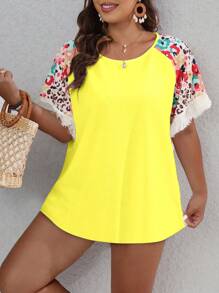 Breezaya Plus Size Solid Color Patchwork Fringe Short Sleeve T-Shirt, Casual & Vacation