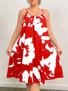 EMERY ROSE Plus Size Women's Random Printed Simple Daily Wear Spaghetti Strap Dress For New Year, For Summer - Red - View 1