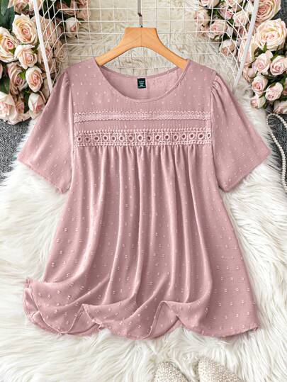 Plus Swiss Dot Guipure Lace Insert Blus för sommaren