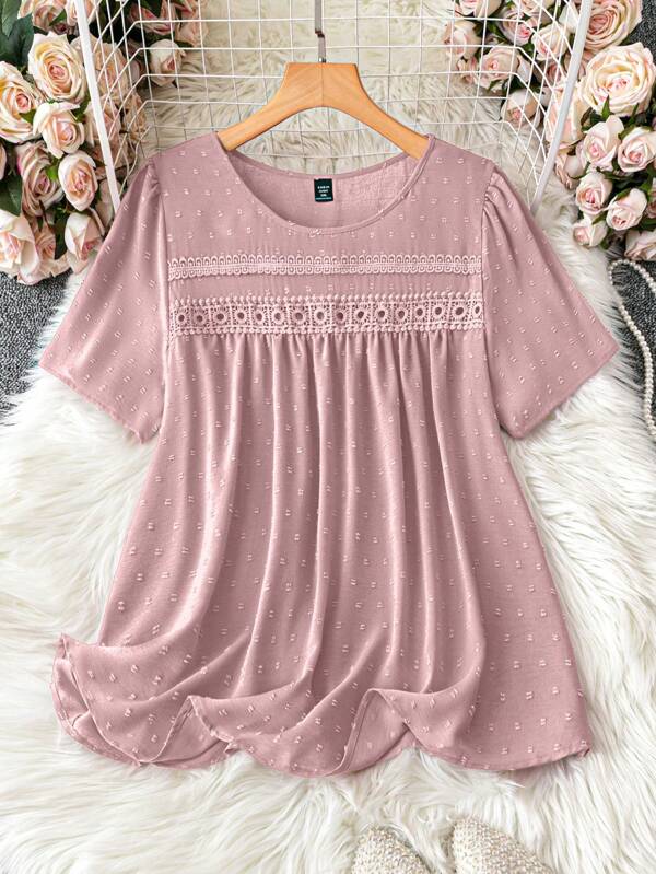 Plus Swiss Dot Guipure Lace Insert Blouse For Summer
