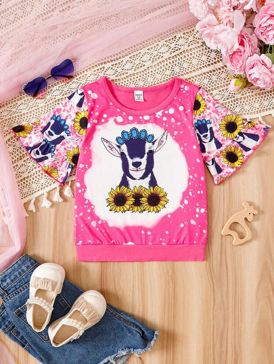 SHEIN 少女心形美國國旗印花圓領短袖休閒T恤，夏日必備 - 粉色 - 查看 1