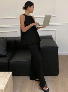 Livesso Sleeveless Home Wear Set With Simple Pleated Collar Pajama - Black - View 5