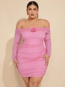 SHEIN BAE Đường Cong Plus Kích Thước Một Vai Tập Hợp Tay Dài Mini Đầm 3D Trang Trí Hoa Lưới Màu Hồng Ngọt Ngào Ngày Thanh Lịch đầm Mùa Thu - Hồng - Xem 3