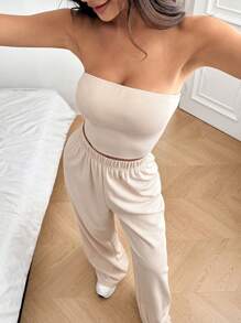 SHEIN EZwear Conjunto de top sin tirantes y pantalones largos para mujer, nueva llegada
