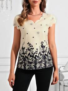 SHEIN Clasi Áo sơ mi tay ngắn in họa tiết cổ bẻ, áo cánh công sở cho nữ, áo cánh nữ không tay cổ chữ V dáng thường màu mơ thông thường, áo cánh nữ, mùa xuân/hè, trang phục thường ngày - Màu be - Xem 3