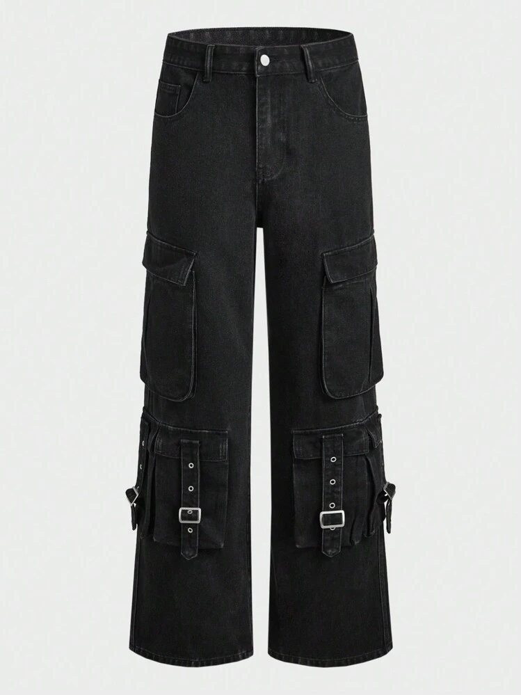 ROMWE MEN Street Life Men's Utility Pocket Dark Punk Denim Baggy