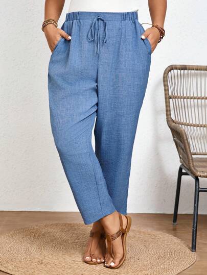 SHEIN Frenchy Pantalones casuales de talla grande de unicolor con cintura elástica y bolsillos en diagonal