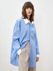 Manfinity VCAY 男款常規版型長袖披肩編織條紋襯衫，適合春秋季節 - 淺藍色 - 查看 2