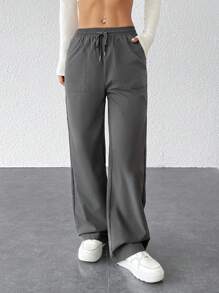 SHEIN PETITE 女士休闲纯色宽松阔腿裤 - 灰色 - 查看 6