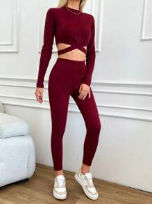 EURMUSE Cross-wrap Ribbed Knit T-shirt And Leggings Two-piece Set - Burgundy - View 3