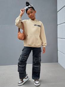 SHEIN Tween Girl Street Fashion Knitted Solid Color Round Neck Long Sleeve Pullover Sweatshirt,In Fall/Winter - Apricot - View 3