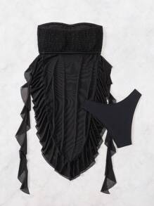 SHEIN Swim Women's Summer Beach Solid Color Splicing Mesh Layer Ruffled Bandeau Swimsuit - Black - View 7