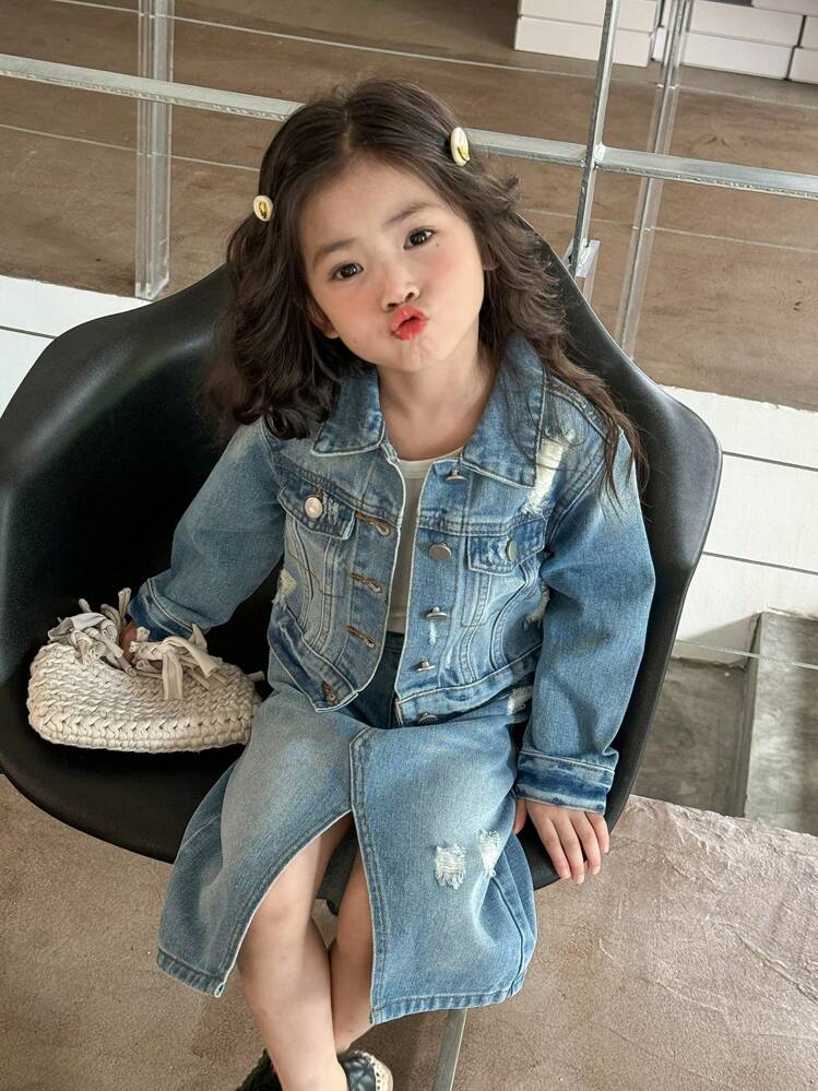 SHEIN Genkimix Kids 若い女性用 可愛いデニム シングルブレスト 長袖