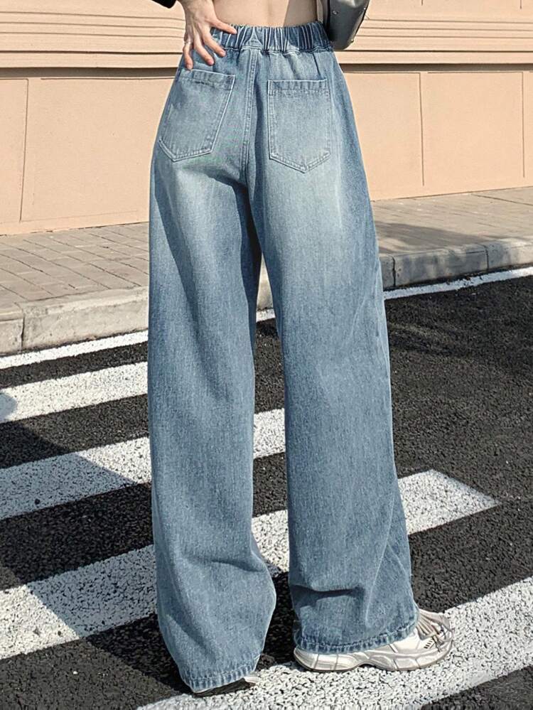 Women Drawstring Waist Wide Leg Casual Jeans For Daily Wear,Baggy Jeans