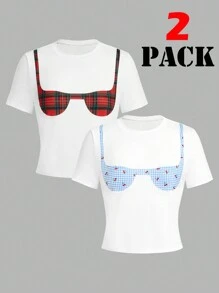 SHEIN Essnce Spring/Summer New Printed Bra Top Women's T-Shirt 2pcs Set, Best Friends - White - View 10