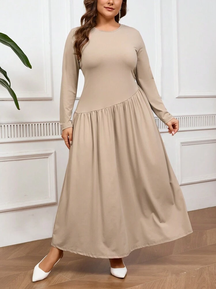 SHEIN Privé Robe ample à manches longues, style simple et confortable, coupe évasée, enfilage facile, ample, couleur kaki, pour femmes, printemps et automne, grande taille - Kaki - Voir 7