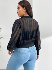 SHEIN Essnce 大码女装时尚休闲商务女装通勤返校服秋装黑色上衣秋季秋装教师服拉链夹克秋季纯黑色外套薄款透视条纹长袖夹克拉链夹克 - 黑色 - 查看 2