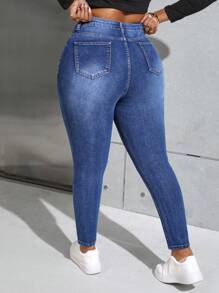 Dripcurv Plus Size Women's Distressed Skinny Casual Jeans With Pockets, Fall Women Clothes