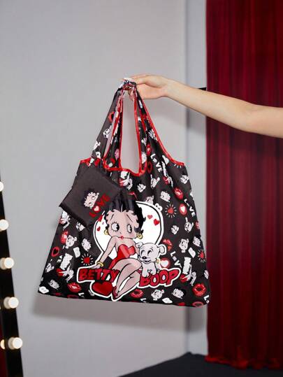 Betty Boop | ROMWE Cartoon Sweet And Cute Storage Bag, Large Capacity Portable Foldable Shopping Tote Bag With Coin Purse