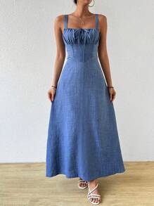Breezaya Vestido de tirantes con pliegue en el busto, vestido largo para vacaciones y playa para mujeres - Azul lavado oscuro - Ver 3