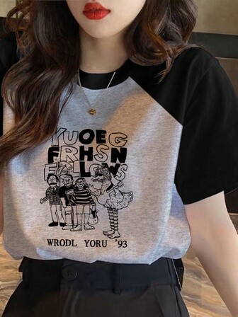 Women's Summer Cartoon Character & Letter Print Round Neck Color-Block Loose Fit T-Shirt With Raglan Sleeve Sleeves