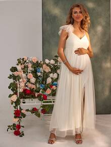 Maternity Ruffle Trim Split Thigh Mesh Elegant Dress, For Party - Apricot - View 4