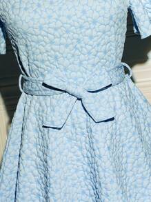 Teen Girl Jacquard Ruffle Sleeve Asymmetrical Hem Blouse & Wide Leg Pants With Belt - Baby Blue - View 6