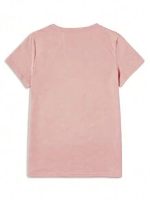 SHEIN 女式夏季心形豹纹印花短袖休闲 T 恤图案 T 恤女式上衣 - 藕粉色 - 查看 2