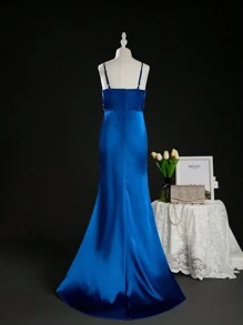 SHEIN Vestido de sereia justo com decote assimétrico e cetim premium para meninas, temporada de casamento, perfeito para festa de aniversário, banquete, vestido de noiva