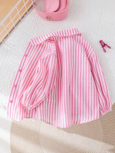 SHEIN LMoss Kids LMoss Baby Girl's Fashionable And Cute Striped Long Sleeve Shirt, Perfect For Vacation