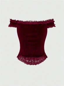 ROMWE Gothic Cross Accessory Lace Trimmed Off-Shoulder Women's Top - Burgundy - View 2