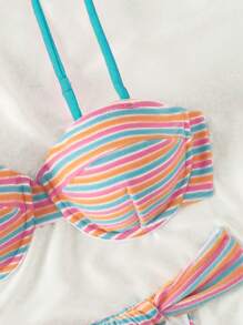 SHEIN Swim 女士条纹性感比基尼套装，适合夏季海滩，两件套比基尼套装 - 彩色 - 查看 4
