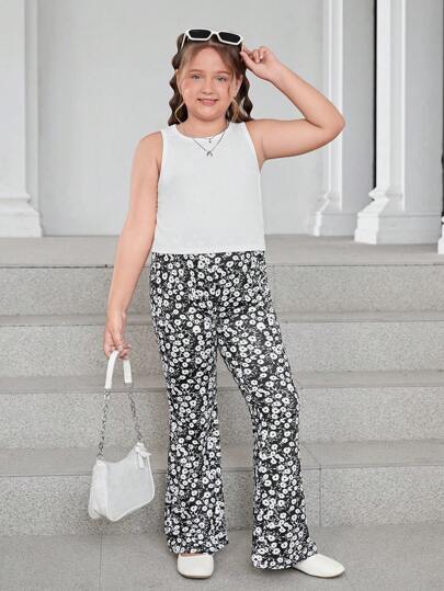 SHEIN Tween女孩加大尺碼2入組休閒花紋無袖圓領運動衫和喇叭褲套裝