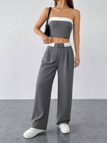 SHEIN PETITE Contrast Trim Tube Top & Straight Leg Pants - Grey - View 1