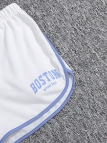 SHEIN Teen Girl Knitted Solid Color Letter Print Sweatshirt & Colorblock Shorts Casual 2pcs/Set - Blue and White - View 3