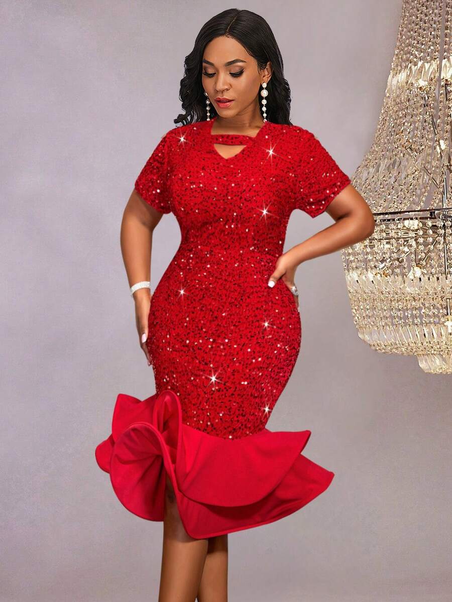 Vestido de fiesta brillante con volantes de un solo hombro - Rojo - Ver 1