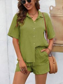 SHEIN LUNE Conjunto de mujer de camisa corta de manga con botones y shorts con lazo delantero, de 2 piezas - Verde - Ver 6