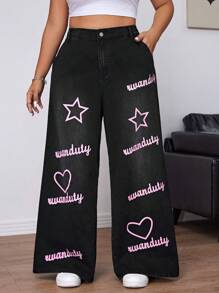 SHEIN EZwear Plus Heart & Letter Graphic Wide Leg Jeans - Black - View 2