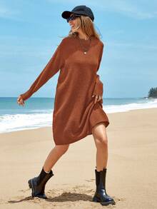 EURMUSE 女士實色膝長毛衣連衣裙 - 鏽棕色 - 查看 5