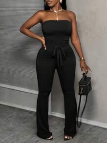 Slaydiva 休閒基礎優雅紫紅色高腰腰帶無肩闊腿褲女士連身褲-E - 黑色 - 查看 9