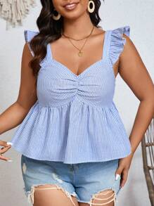 SHEIN Frenchy 大码舒适亚麻纹理条纹印花蝴蝶帽袖上衣，胸部有褶皱，宽松版型，夏季纯色，暑假季节，舒适浅蓝色上衣，波西米亚风，返校服装，秋季上衣 - 藍色 - 查看 5