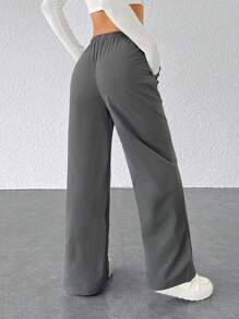 SHEIN PETITE 女士休闲纯色宽松阔腿裤 - 灰色 - 查看 2