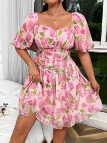 Flirla Vestido romántico de talla grande con estampado floral completo, escote de diamantes, mangas abullonadas, copas de busto y cintura en V, verano