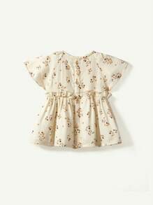 Cozy Pixies Baby Girl Casual And Versatile Round Neck Top With Floral Pattern And Ruffle Trim - Apricot - View 2