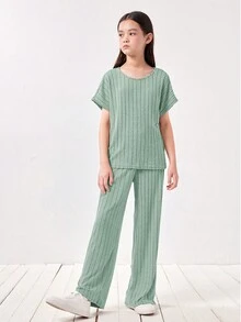 SHEIN Tween Girls' Knitted Loose Short Sleeve T-Shirt And Wide Leg Trousers Casual Set - Mint Green - View 4