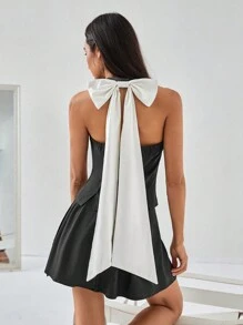 Chiquease Ensemble gilet sans dos style français avec nœud papillon et jupe plissée - Gris foncé - Voir 1