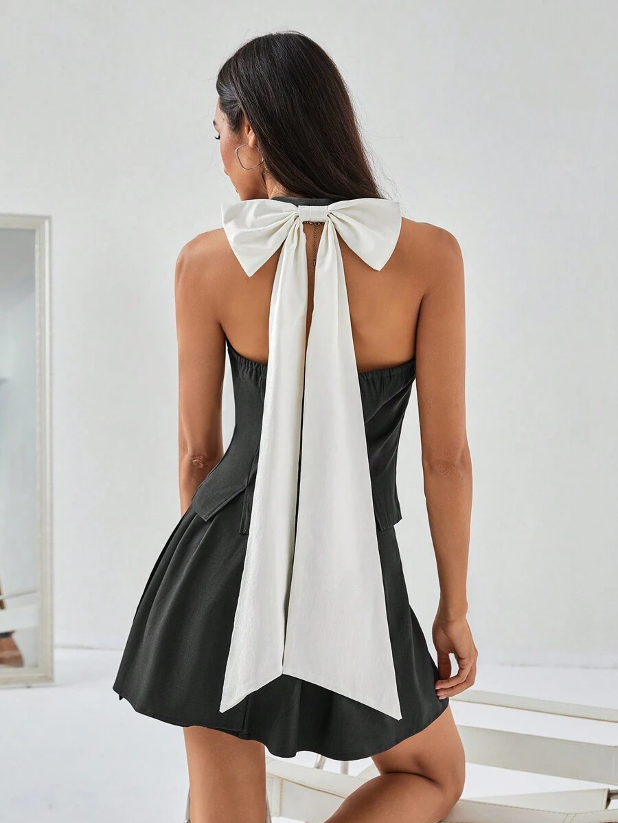 Chiquease Ensemble gilet sans dos style français avec nœud papillon et jupe plissée - Gris foncé - Voir 1