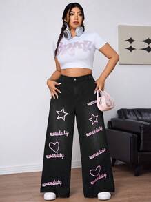 SHEIN EZwear Plus Heart & Letter Graphic Wide Leg Jeans - Black - View 1