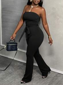 Slaydiva 休閒基礎優雅紫紅色高腰腰帶無肩闊腿褲女士連身褲-E - 黑色 - 查看 11